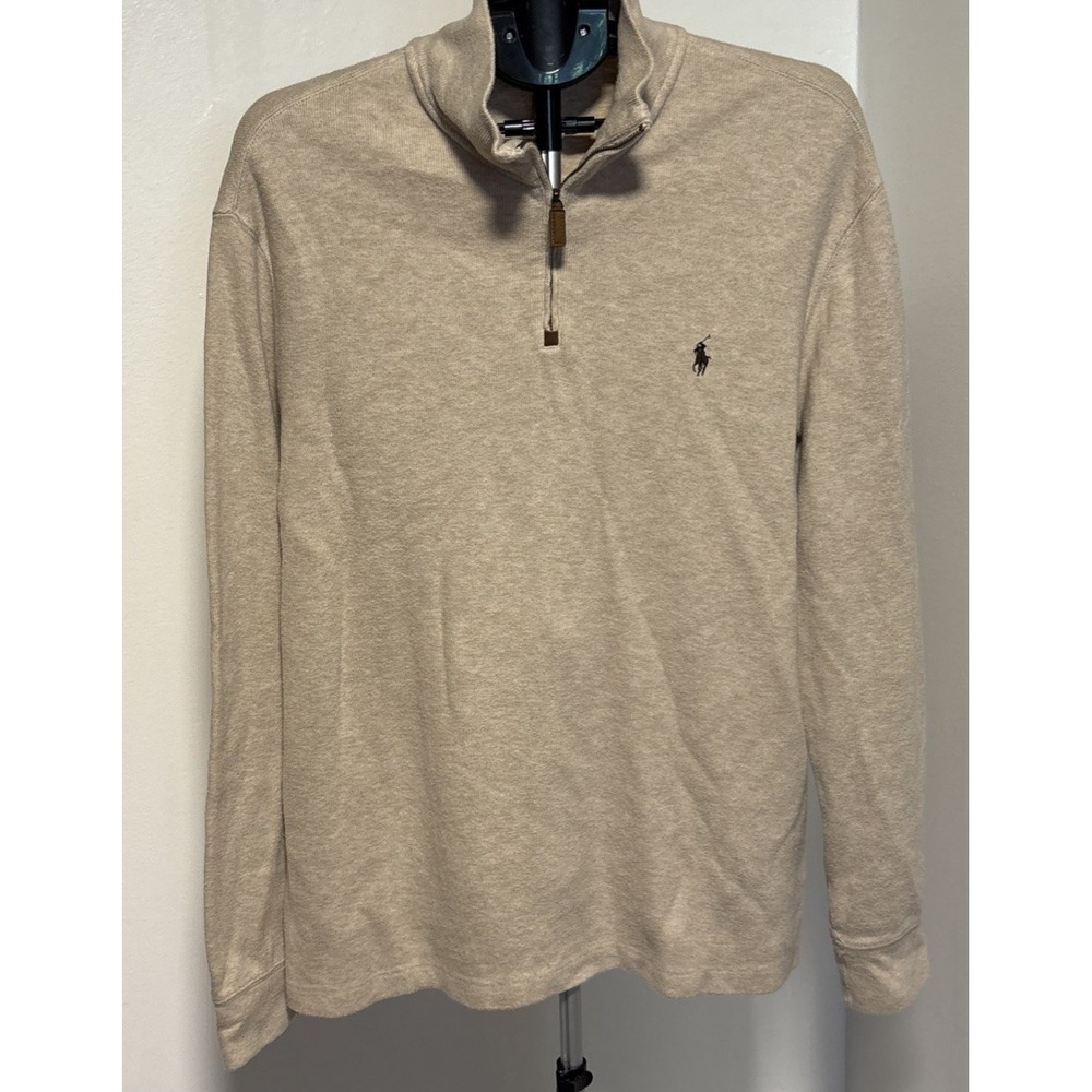 POLO Ralph Lauren Men Size XL Sweater Tan Cotton Knit 1/4 Zip Pullover Top - Picture 2 of 8
